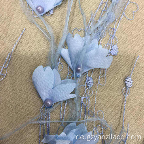 Blaue Feaher Perle Blume bestickt Stoff für Kleider